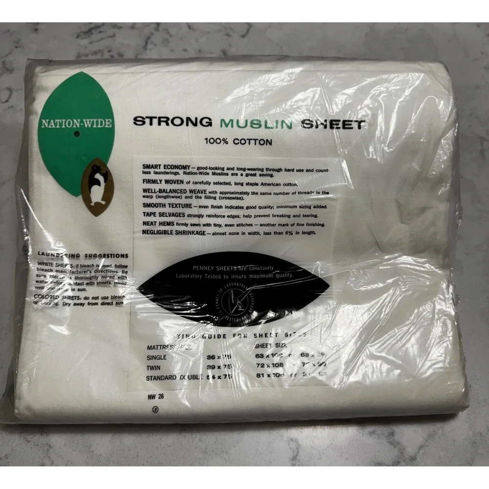 Vtg Penney's Nation-Wide Strong Muslin White Double Flat Sheet 100% Cotton NOS
